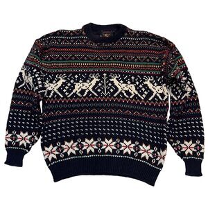 American Portrait Vintage Navy Fair Isle Reindeer 100% Cotton Made in USA Size L